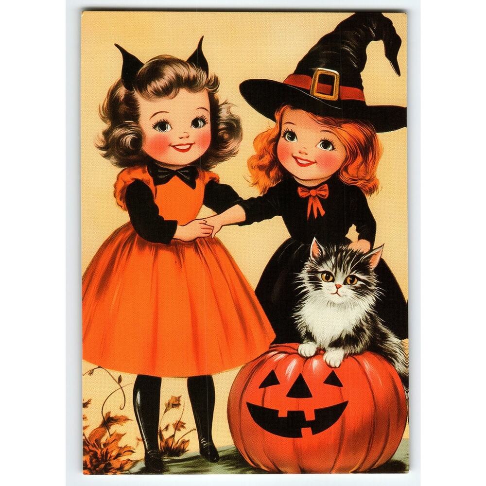 Vintage Halloween Postcard with Girls in Costumes & Cat on Pumpkin